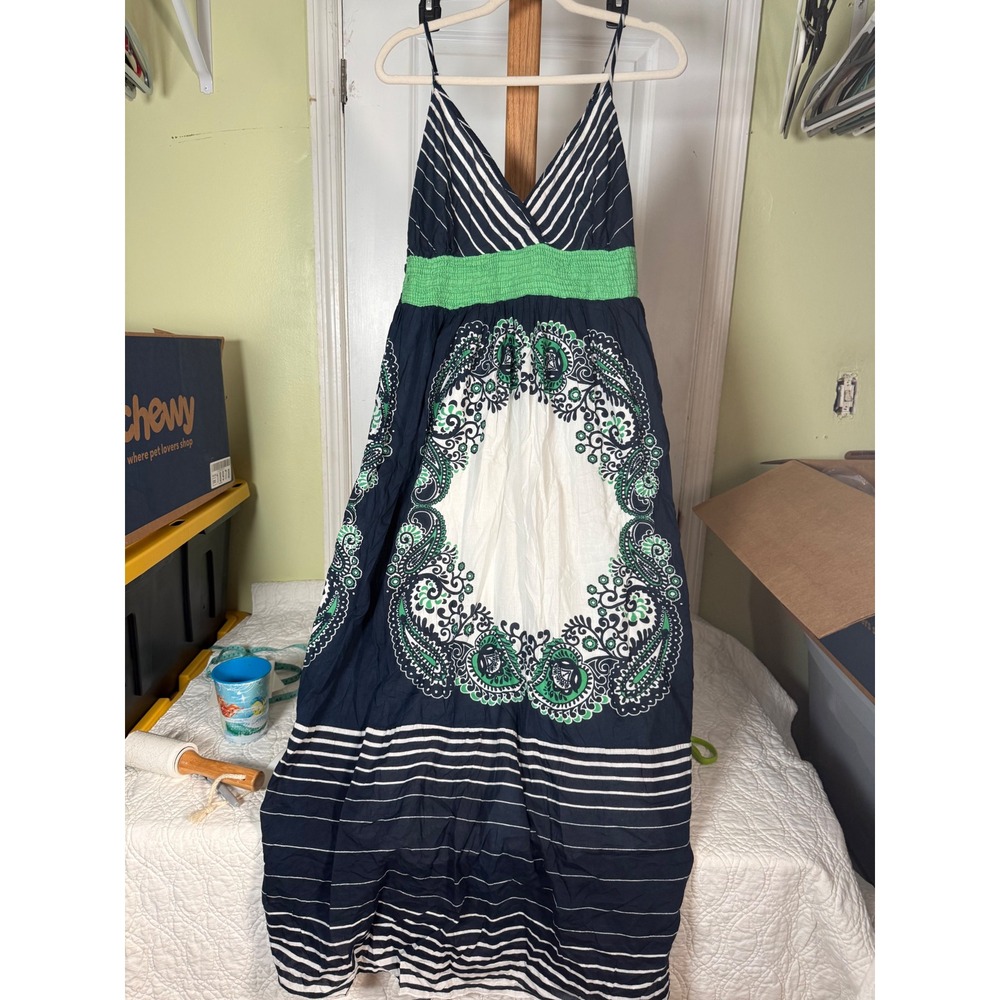Boho Navy White Striped Paisley Medallion Smocked Maxi Dress Green Accent Large